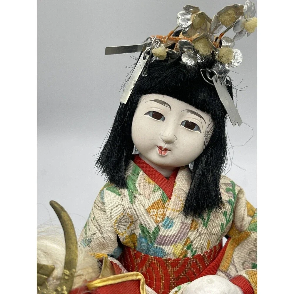 Vintage Japanese Girl Doll 1950s Yaegaki-Hime Samurai Helmet Geisha Doll